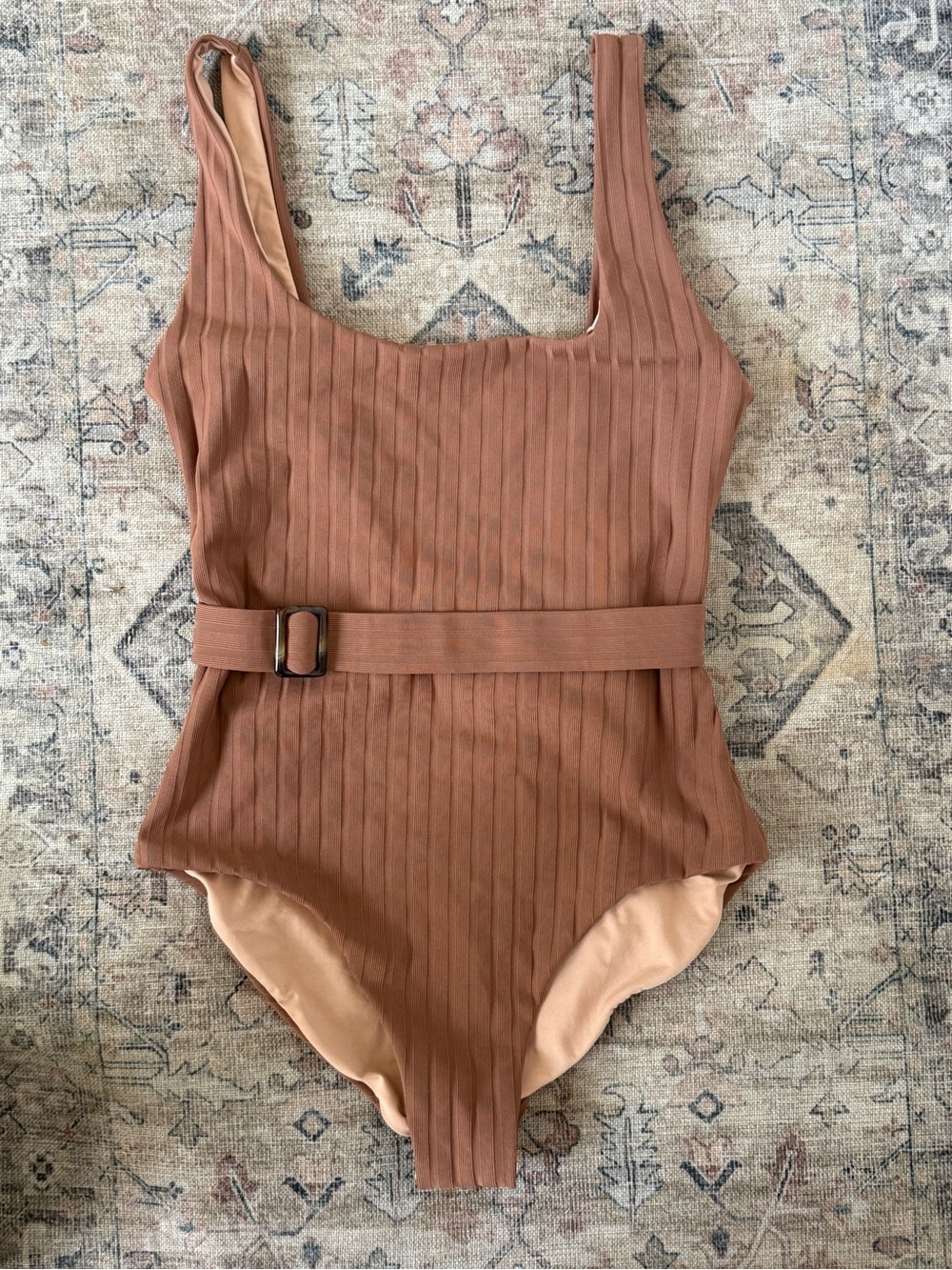 Melissa Odabash women’s one-piece swimsuit size 6 ribbed belted tan brown